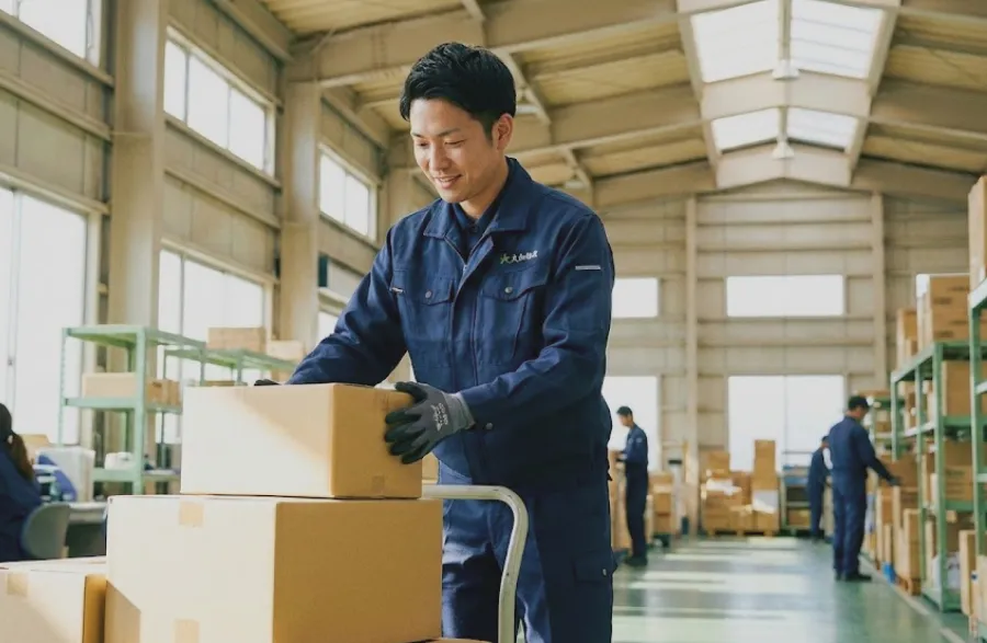 倉庫で荷物を運ぶトラックドライバー