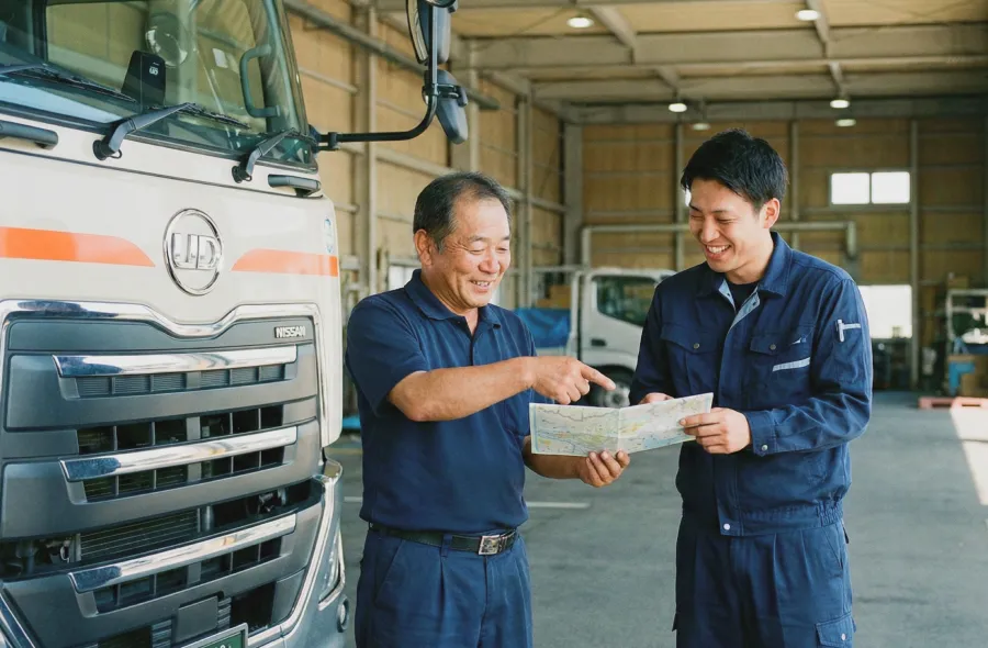 倉庫を案内するトラックドライバーの先輩と後輩