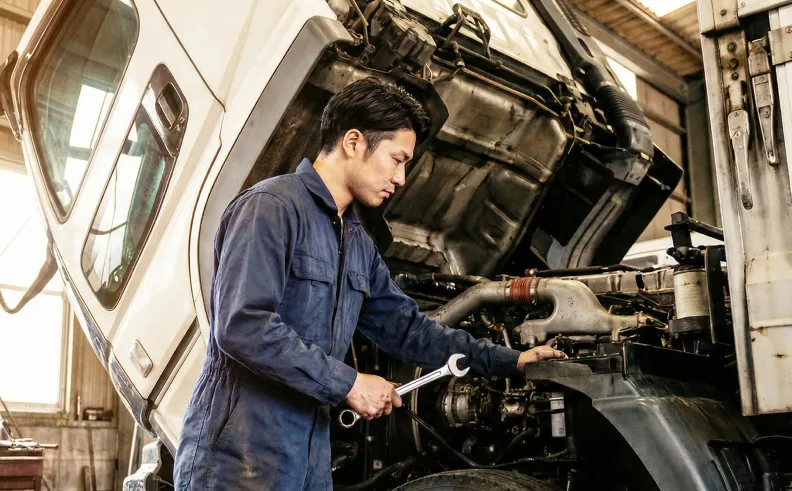 トラックを点検するドライバー