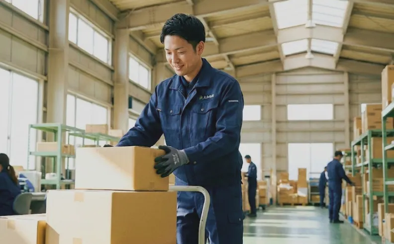 倉庫で荷物を運ぶ作業員